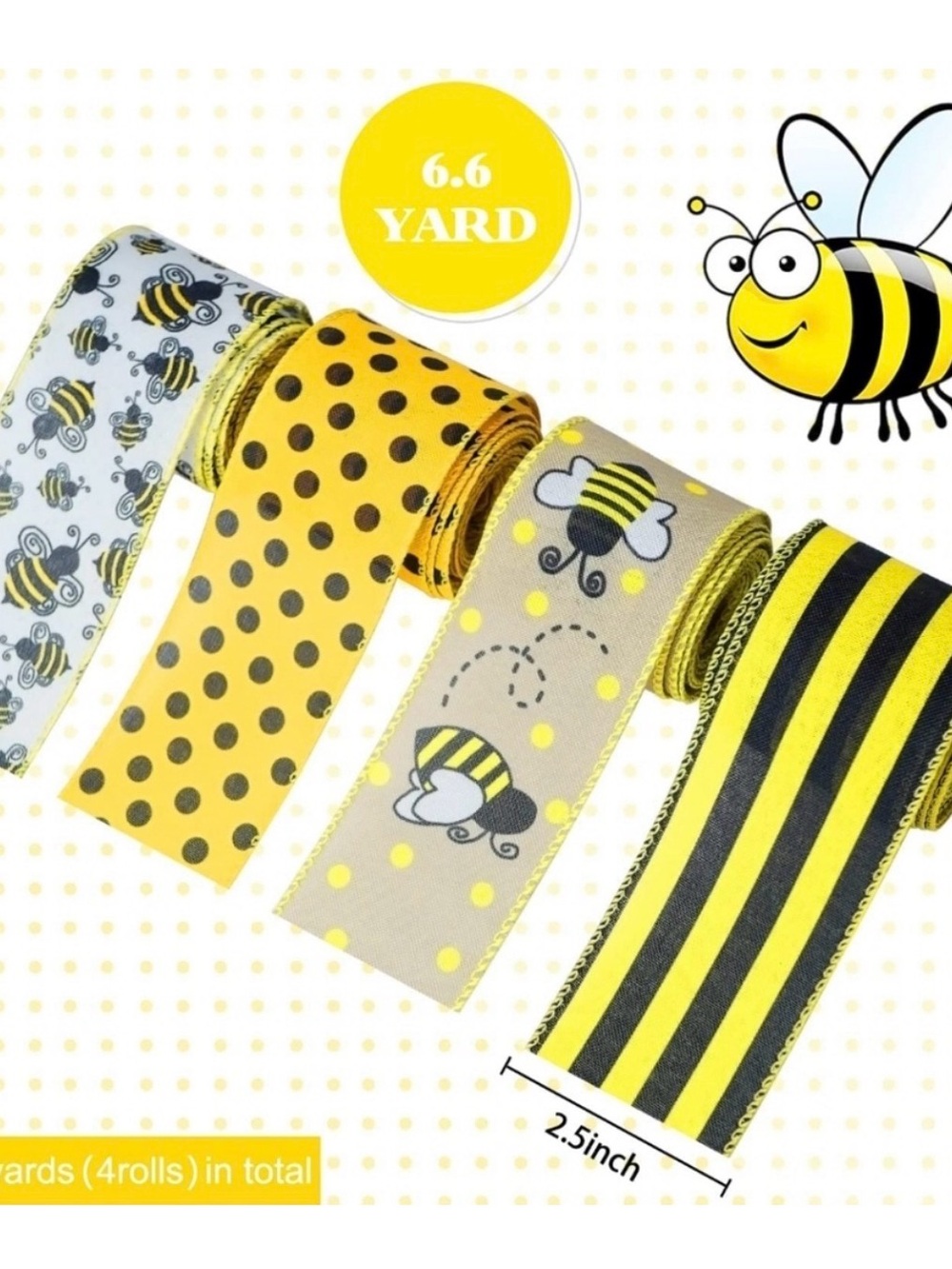 4 Rolls Bee Ribbon Wired Edge Bumble BaBee Shower Polka Dot Yellow Wreath Ribbon